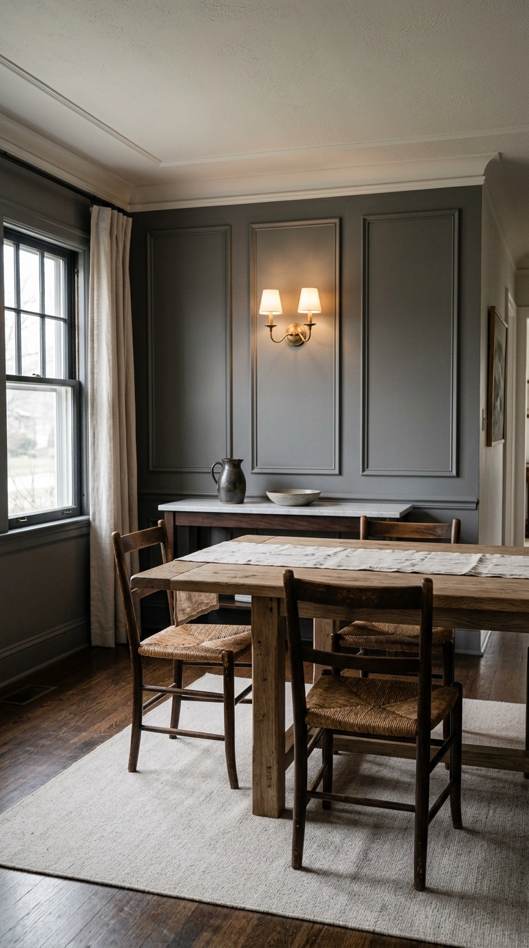 Charcoal picture-frame moulding accent wall in a dining room with brass sconce and marble sideboard