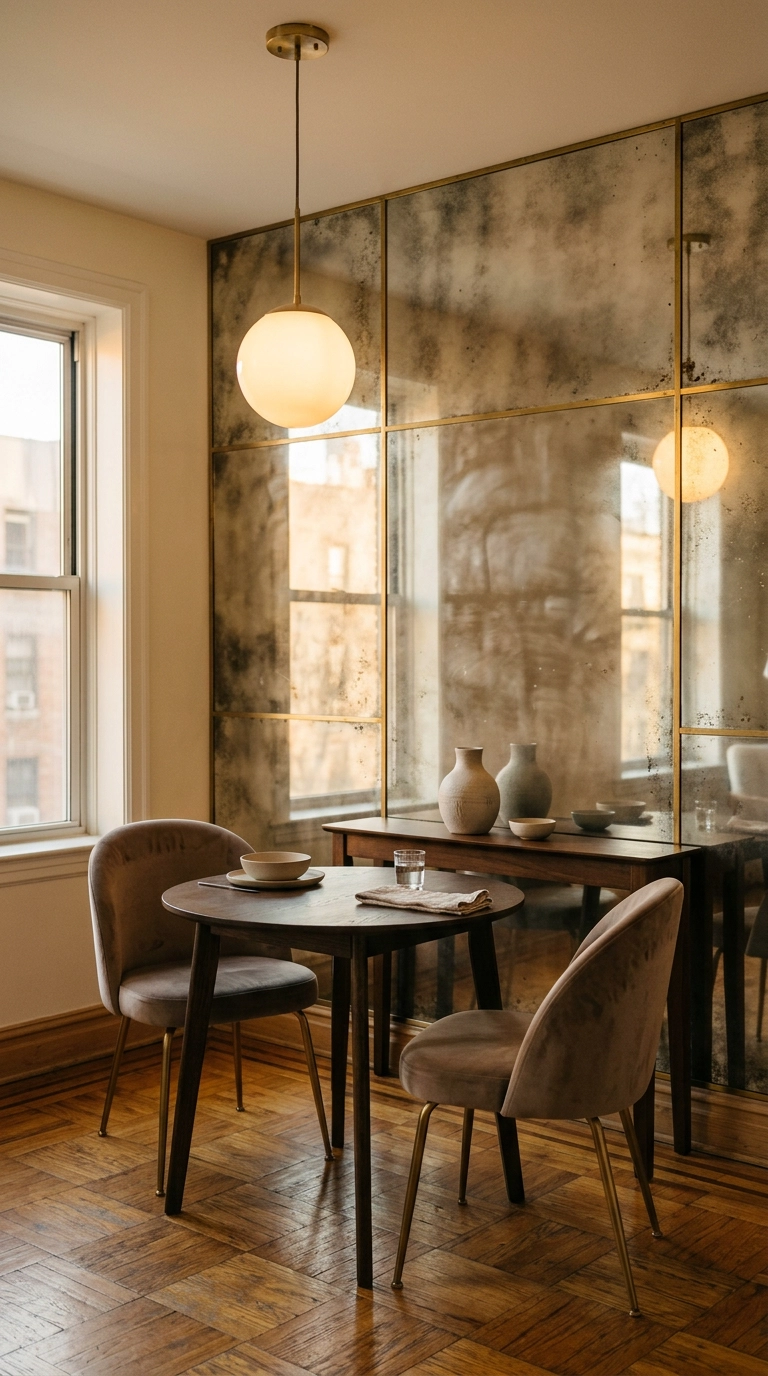 Antiqued smoked mirror panel accent wall in a small dining room with round bistro table