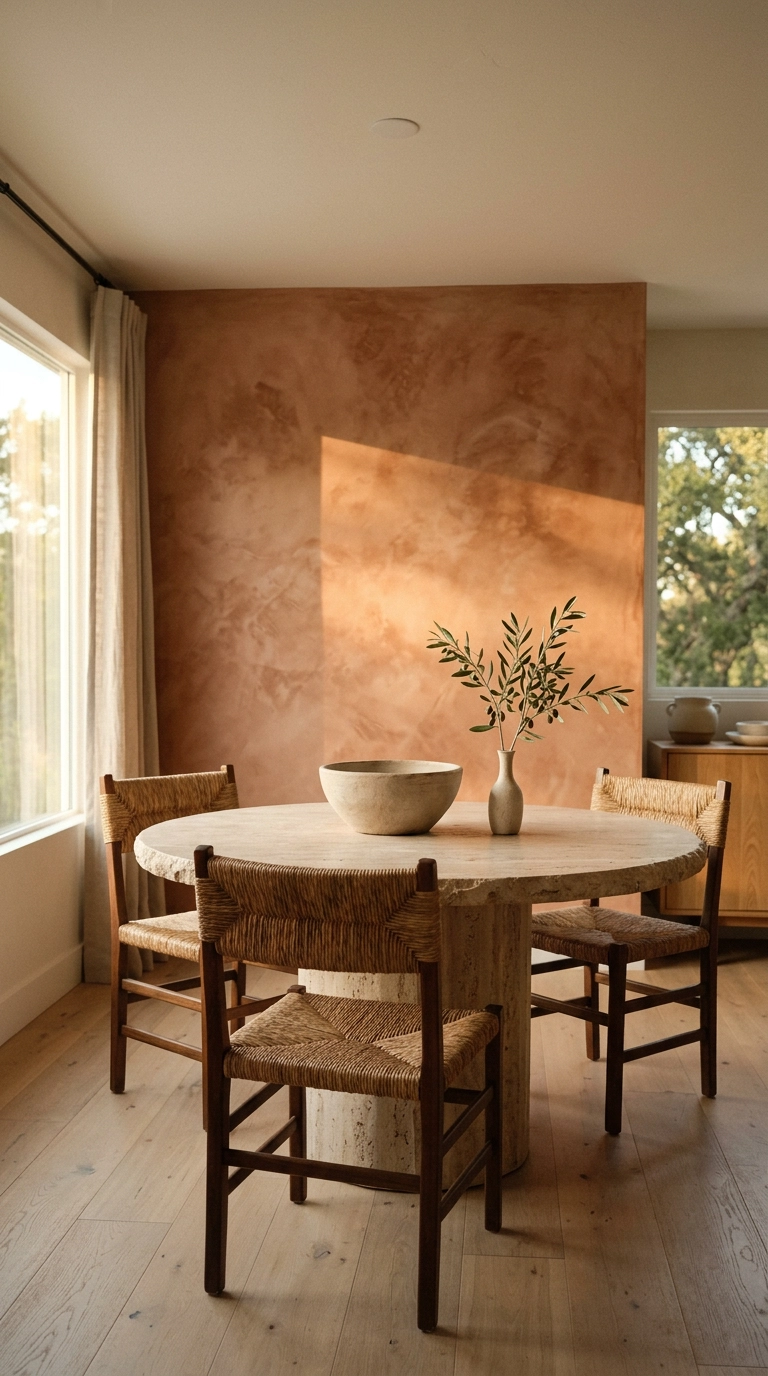Warm terracotta limewash plaster dining room accent wall beside a round travertine table
