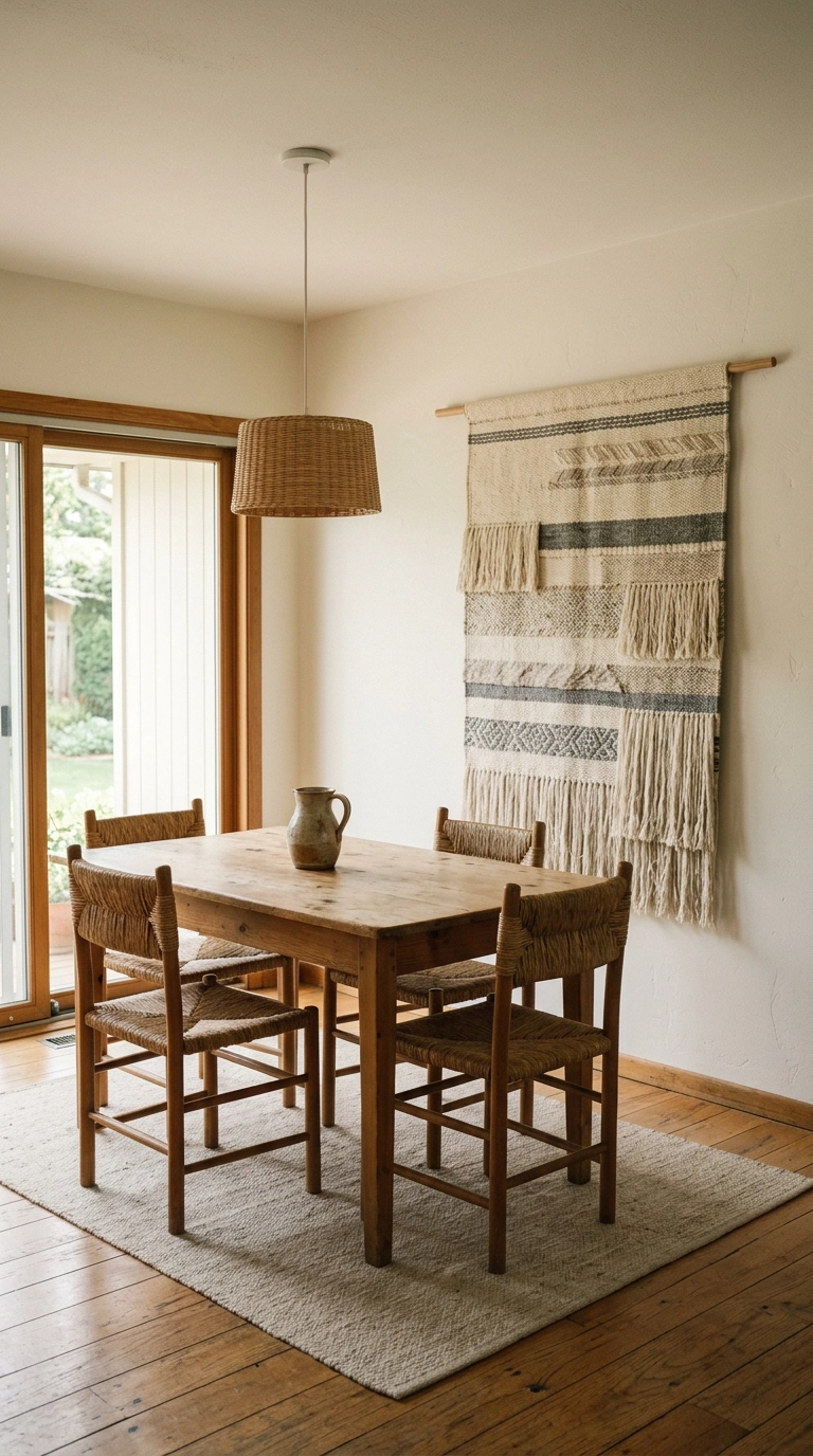 Handwoven wool textile hanging on a bone-white dining room accent wall