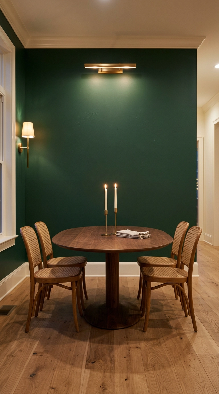 Deep forest green painted dining room accent wall behind a walnut oval table lit by candles