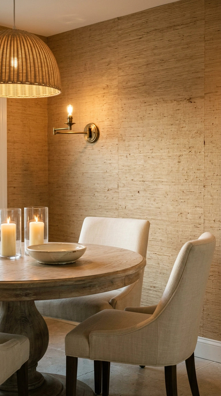 Sand grasscloth textured accent wall in a coastal dining room with bleached ash table