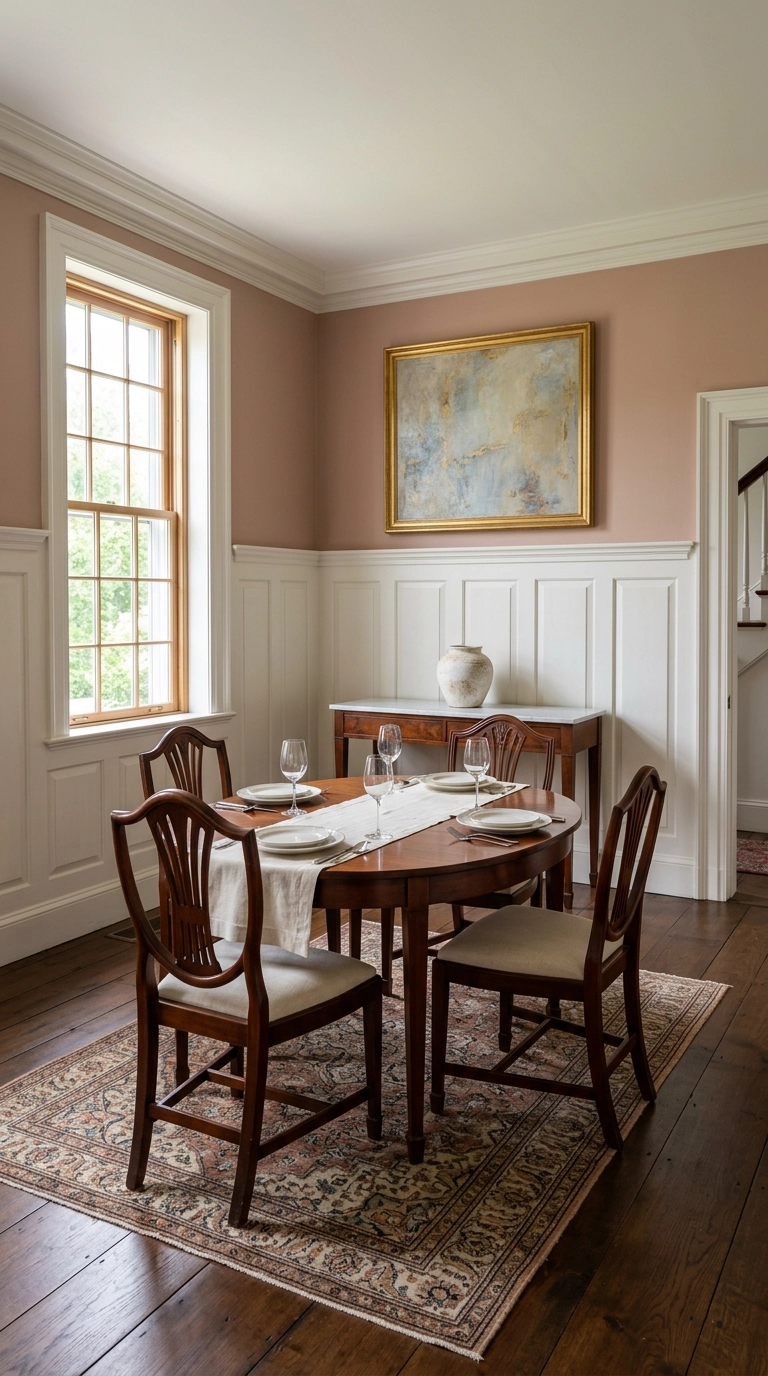 Tall white wainscoting with clay pink wall above in a colonial dining room