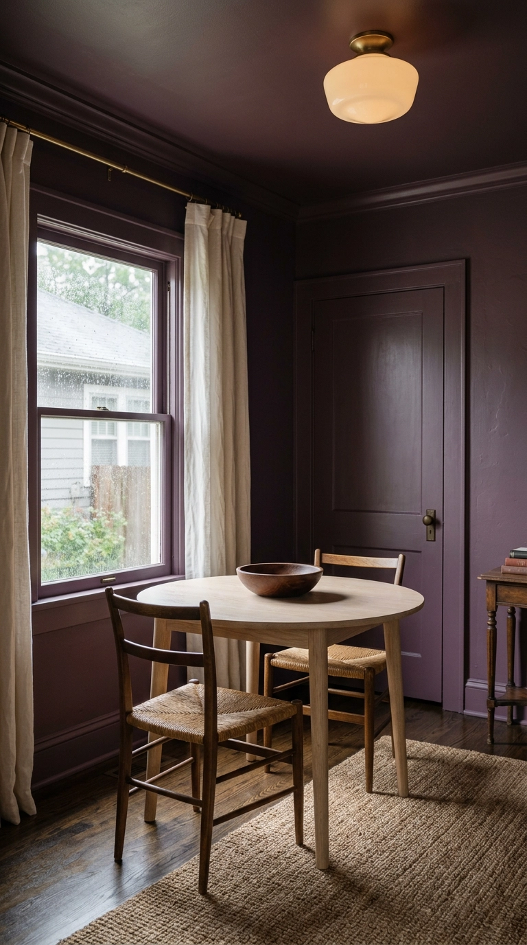Muted aubergine color drenched dining room with matching trim and ceiling