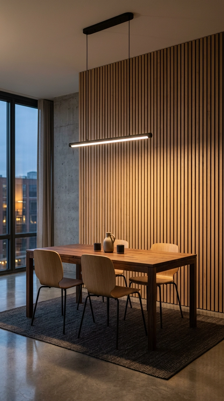 Floor-to-ceiling white oak slat wood accent wall in a Japandi dining room