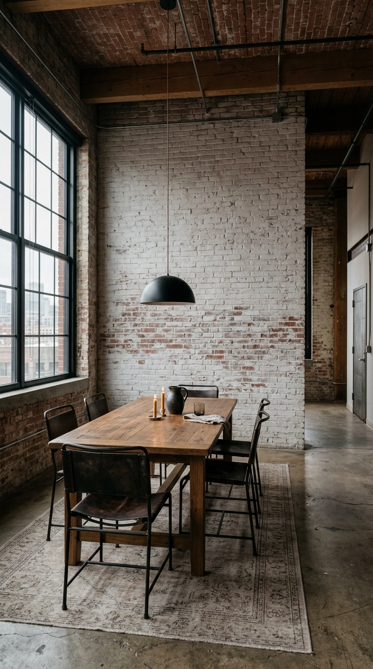 Whitewashed exposed brick accent wall in a loft dining room with reclaimed elm table