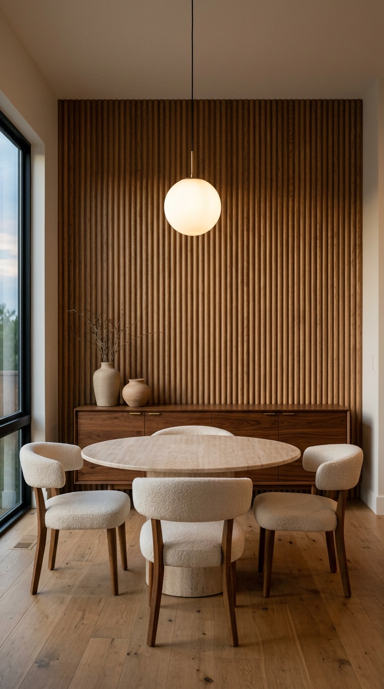 Fluted ash wood panel accent wall behind a walnut sideboard in a minimalist dining room