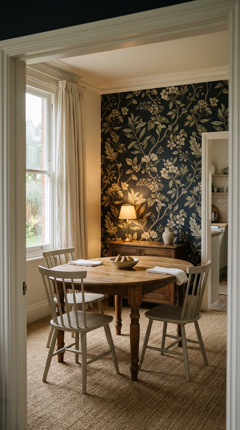 Large-scale botanical wallpaper accent wall in a cottage dining room with oak table