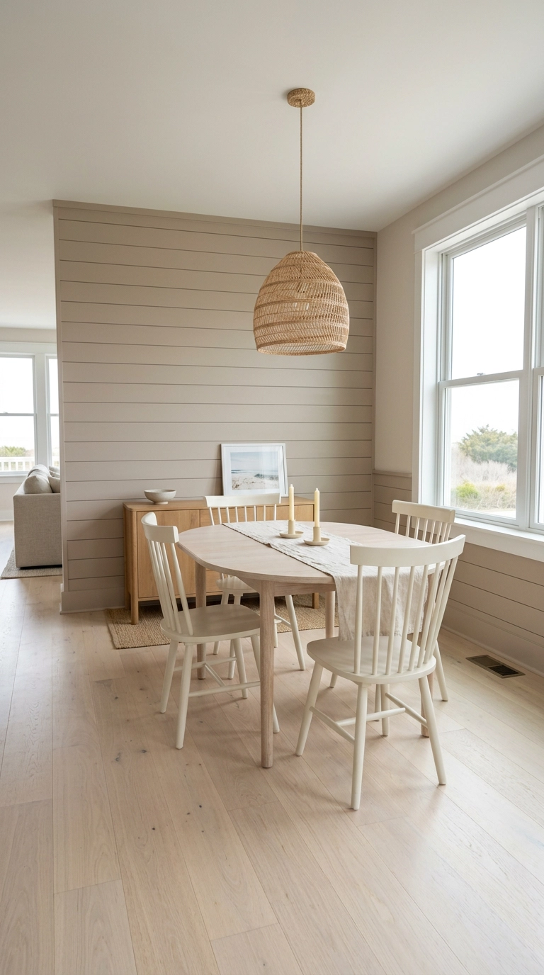 Horizontal taupe tongue-and-groove plank accent wall in a coastal dining room