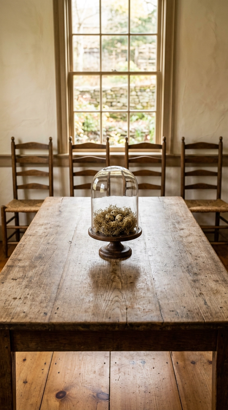 Scrubbed oak dining table with a glass cloche covering speckled eggs on dried moss