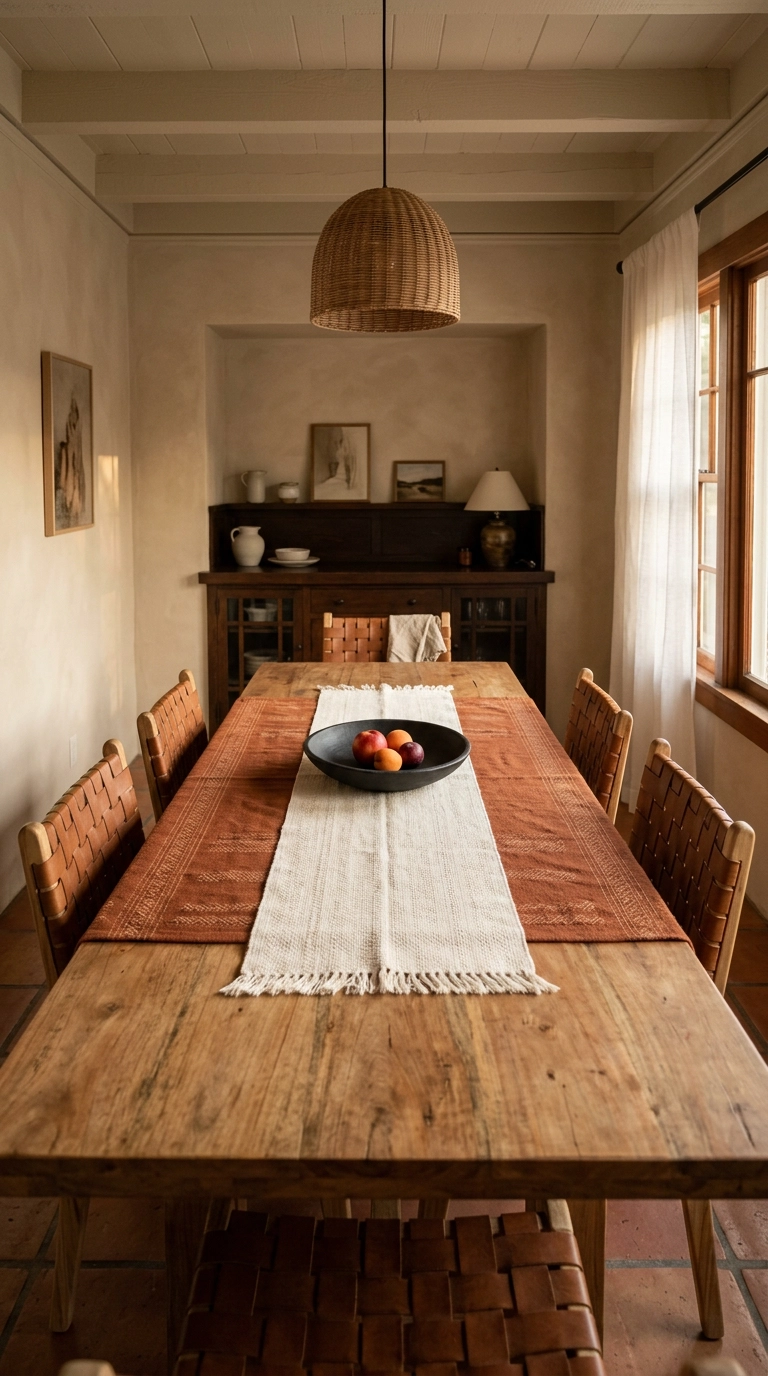 Mango wood dining table with a rust runner layered under a cream fringed runner and a small clay bowl
