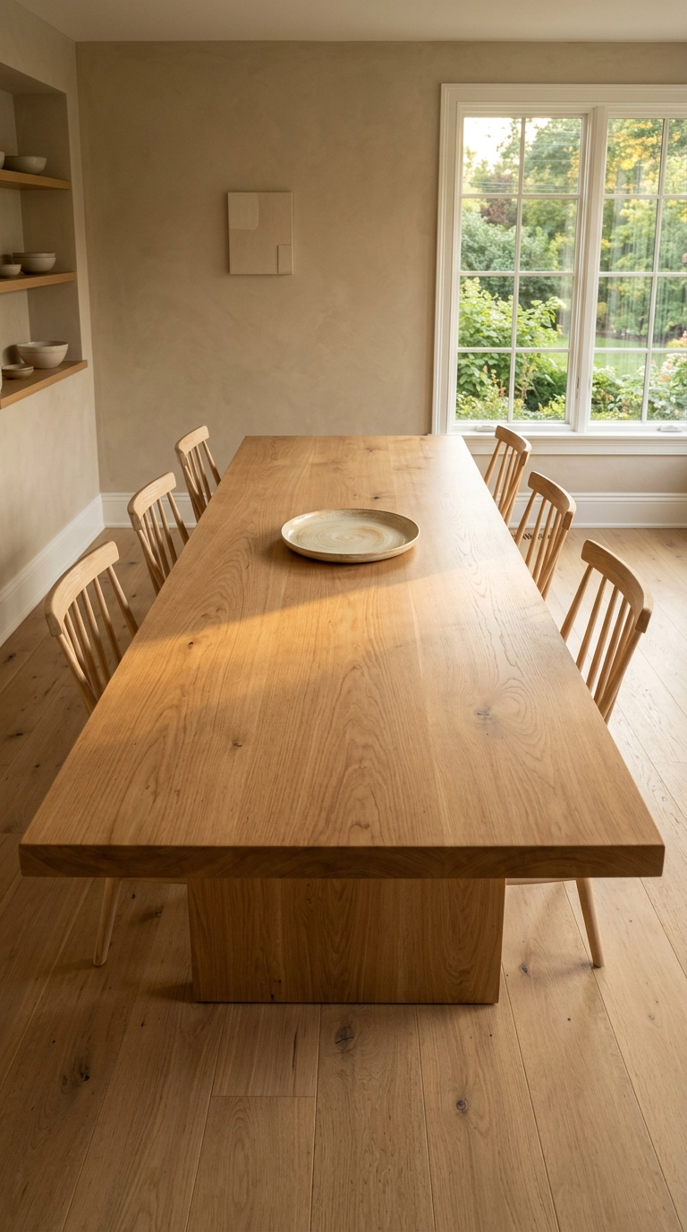 Long white oak dining table left completely bare with one cream stoneware platter at the far end