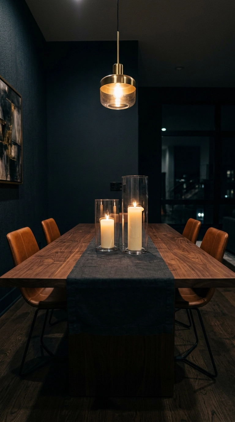 Black walnut dining table with two glass hurricanes holding ivory pillar candles on a charcoal runner