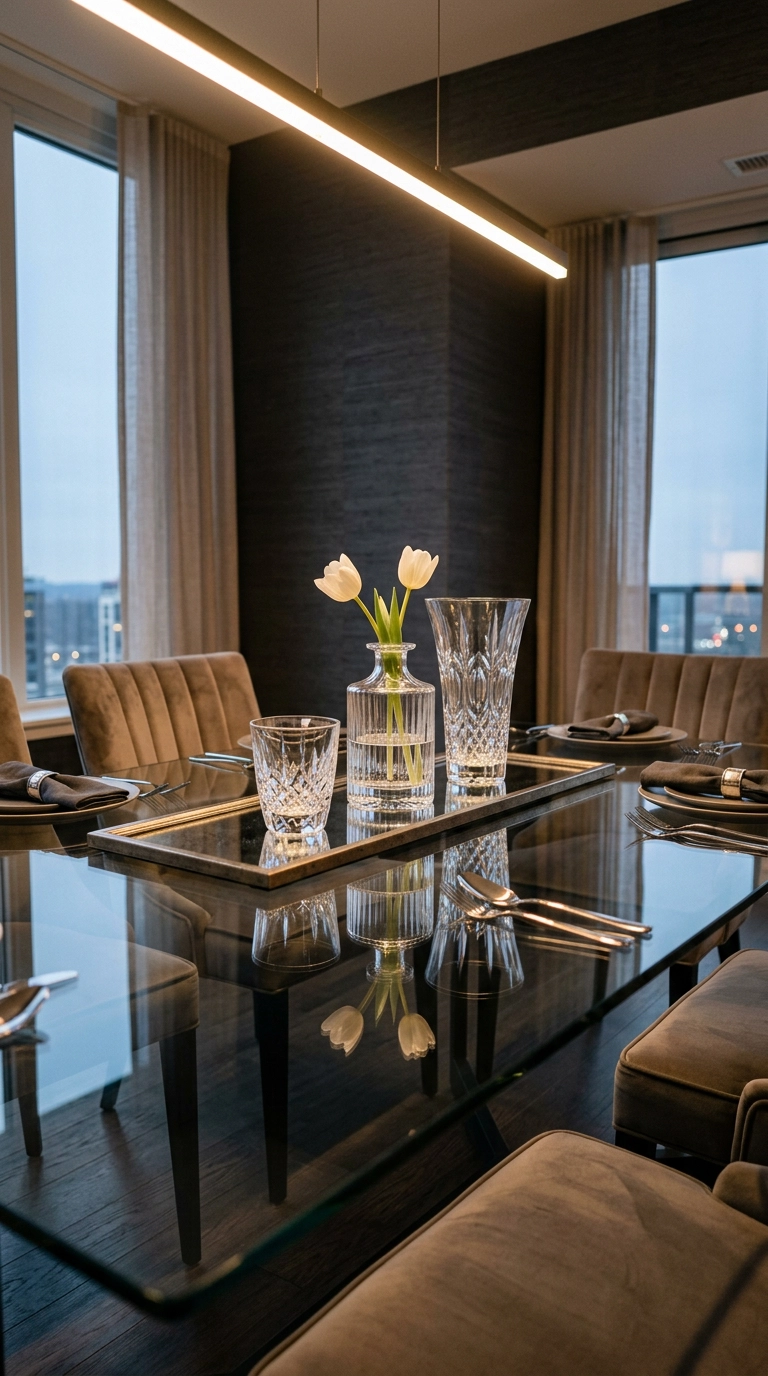Smoked glass dining table with a mirrored tray holding three clear glass vessels and white tulips