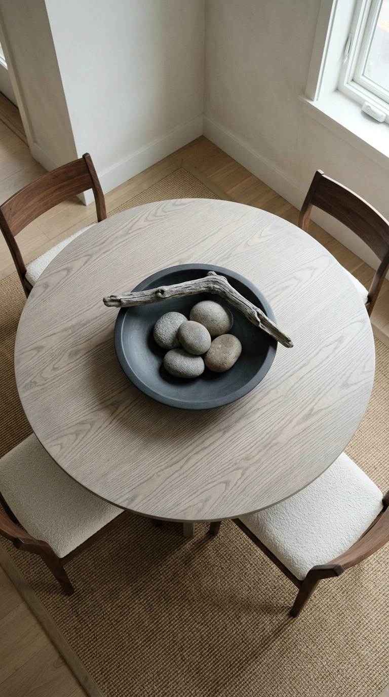 Overhead view of a round ash dining table with a charcoal bowl of river stones and driftwood