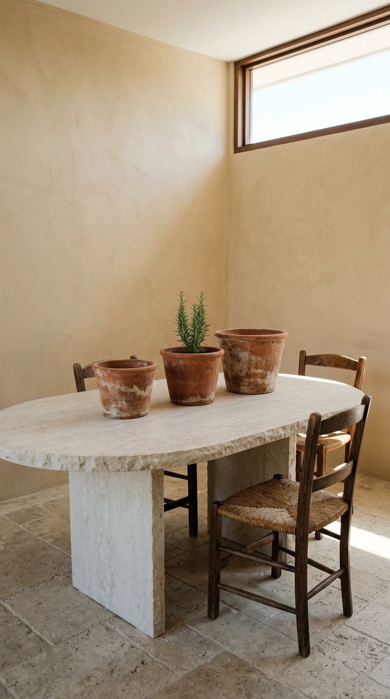 Oval limestone dining table with three aged terracotta pots, the middle one holding a rosemary sprig