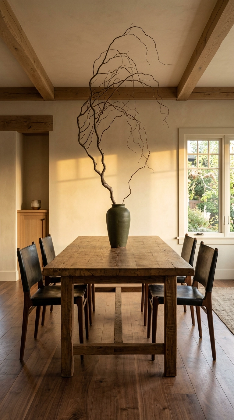 Long elm dining table with one tall olive vase holding a single arching branch as a sculptural centerpiece