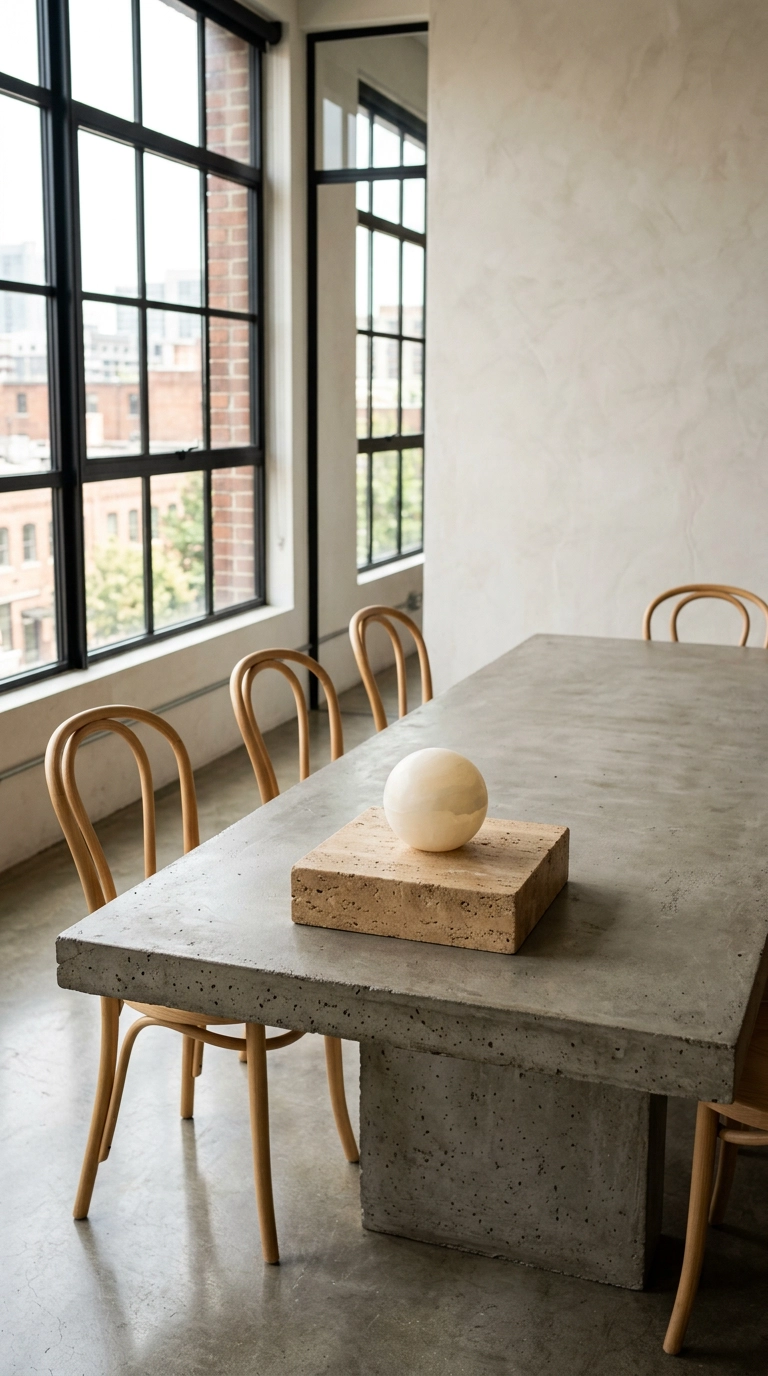 Concrete dining table with a travertine plinth holding a single alabaster sphere as a minimal centerpiece