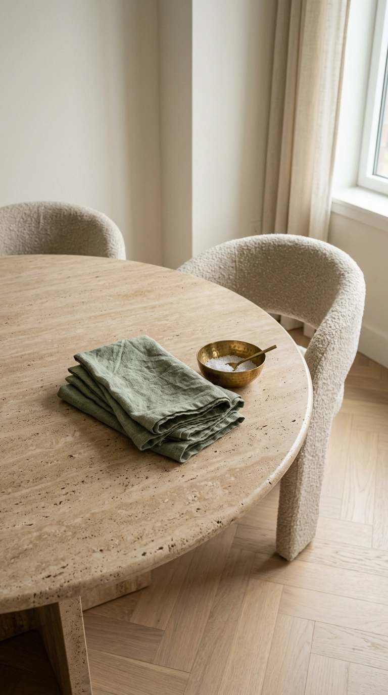 Round travertine dining table with a stack of folded sage linen napkins and a small brass salt bowl