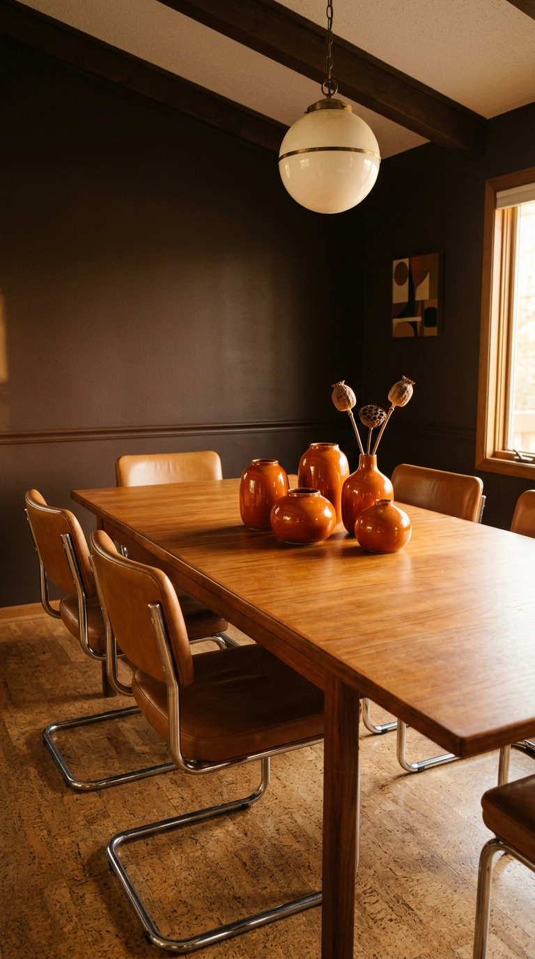 Teak dining table with a grouped cluster of glossy burnt-orange ceramic vessels as a centerpiece