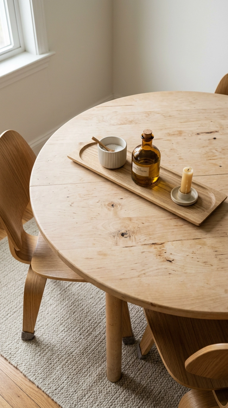 Overhead view of a birch dining table with a long oak tray holding salt, olive oil, and a small candle