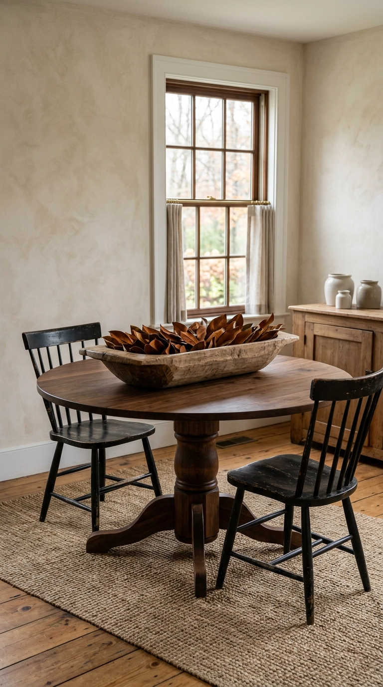 Round walnut dining table with a carved wooden dough bowl centerpiece filled with dried magnolia leaves