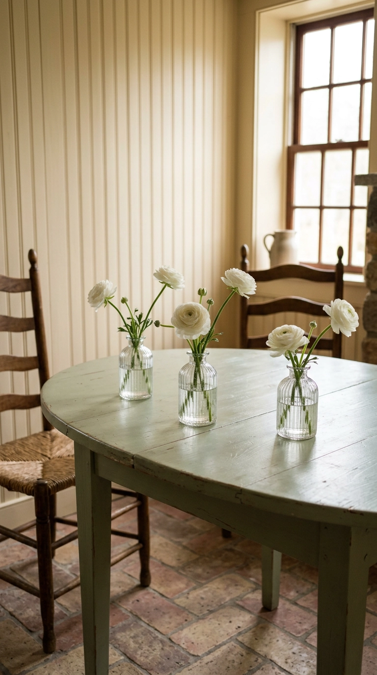 Sage green oval dining table with three small glass bud vases holding white ranunculus stems
