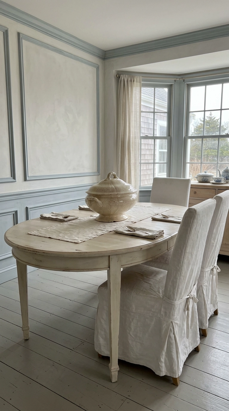 Oval white dining table with a large antique ironstone tureen as a single sculptural centerpiece