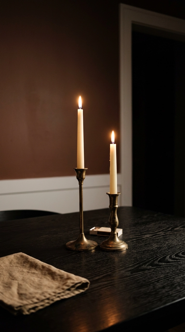 Oval black dining table with two ivory taper candles in mismatched brass candlesticks as a simple centerpiece