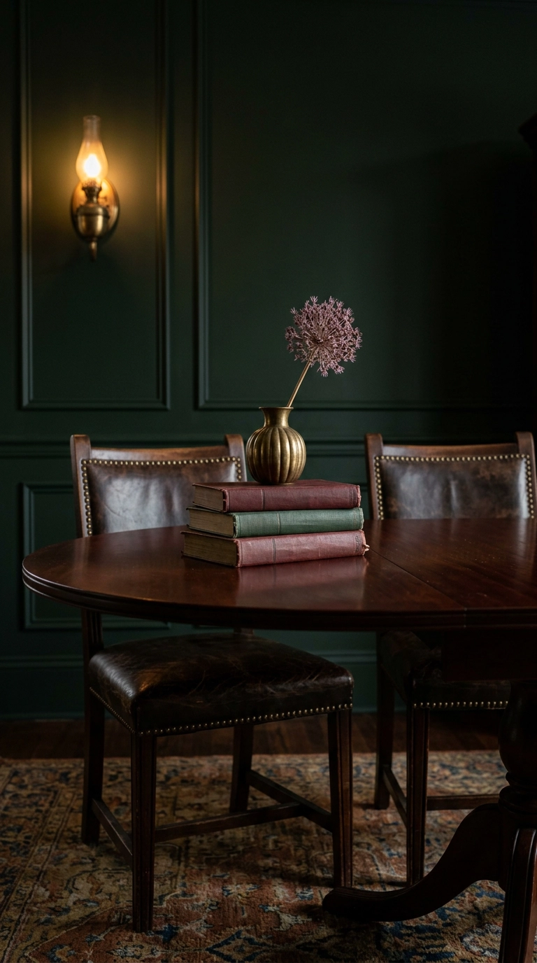 Mahogany dining table with three stacked books topped by a small brass bud vase and a dried allium