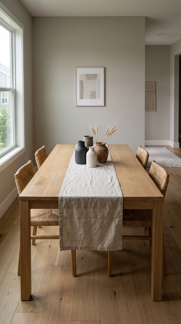 Long white oak dining table with an oatmeal linen runner and three low stoneware vessels as a centerpiece