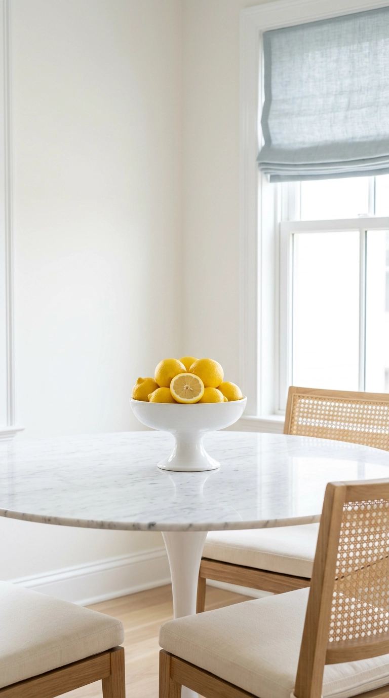 Round marble dining table with a footed white compote bowl full of lemons as a bright centerpiece
