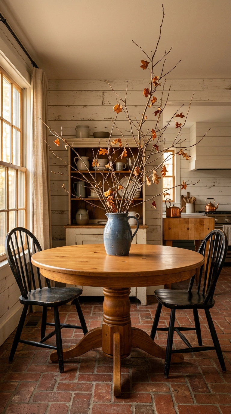 Round pine dining table with a slate blue pitcher holding foraged autumn branches as a tall centerpiece