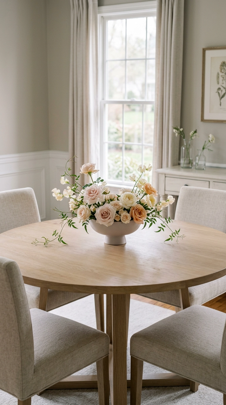Round white oak dining table with a low wide bowl of blush garden roses and cream sweet peas