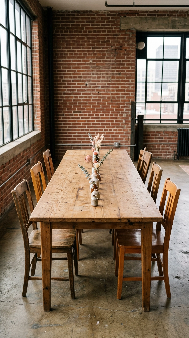 Long reclaimed pine dining table with a row of seven tiny mismatched vessels each holding one stem
