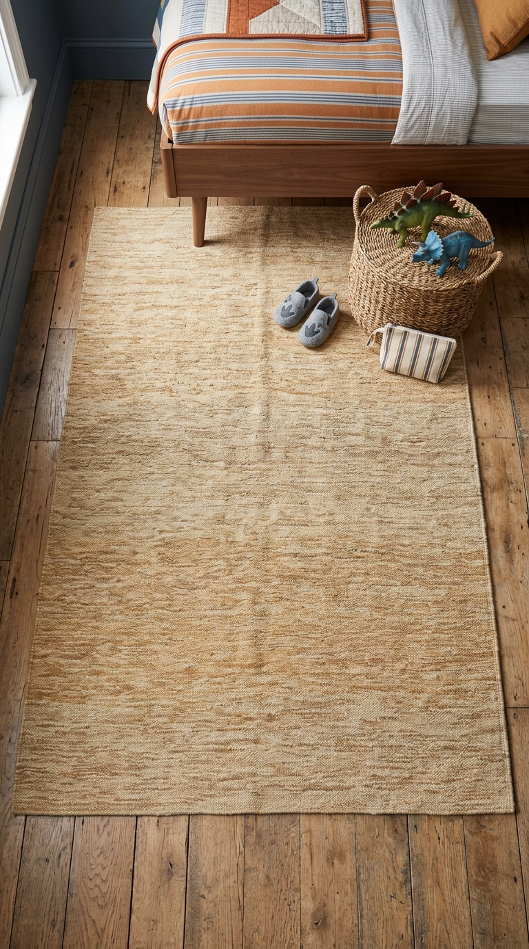 Sand and ochre flatweave rug on oak floors in a dinosaur bedroom seen from above