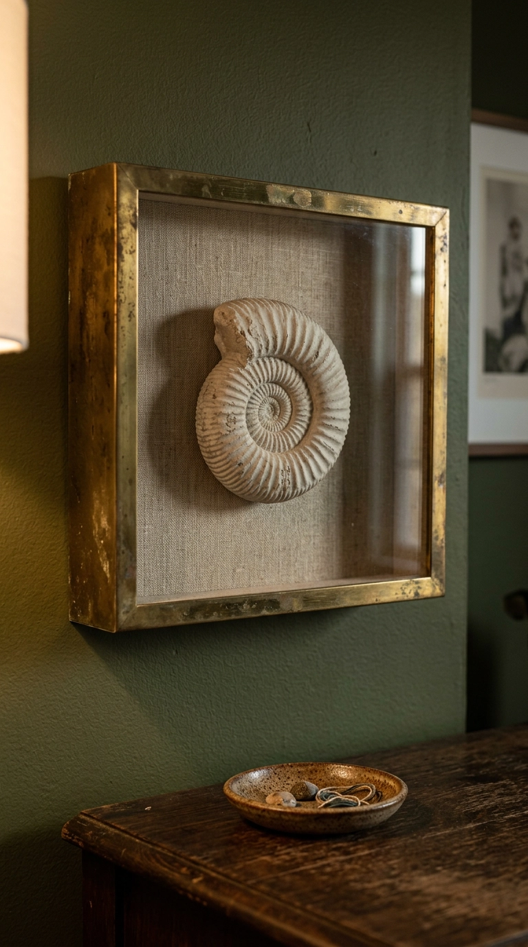 Brass shadow box holding a pale plaster ammonite fossil cast on an olive green wall