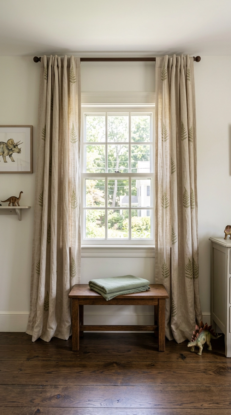 Oatmeal linen curtains with an olive fern print hung high in a dinosaur bedroom