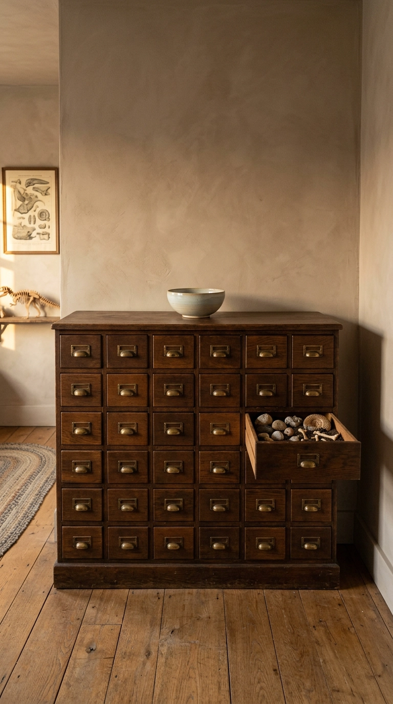 Vintage oak multi-drawer specimen cabinet with brass cup pulls in a dinosaur bedroom