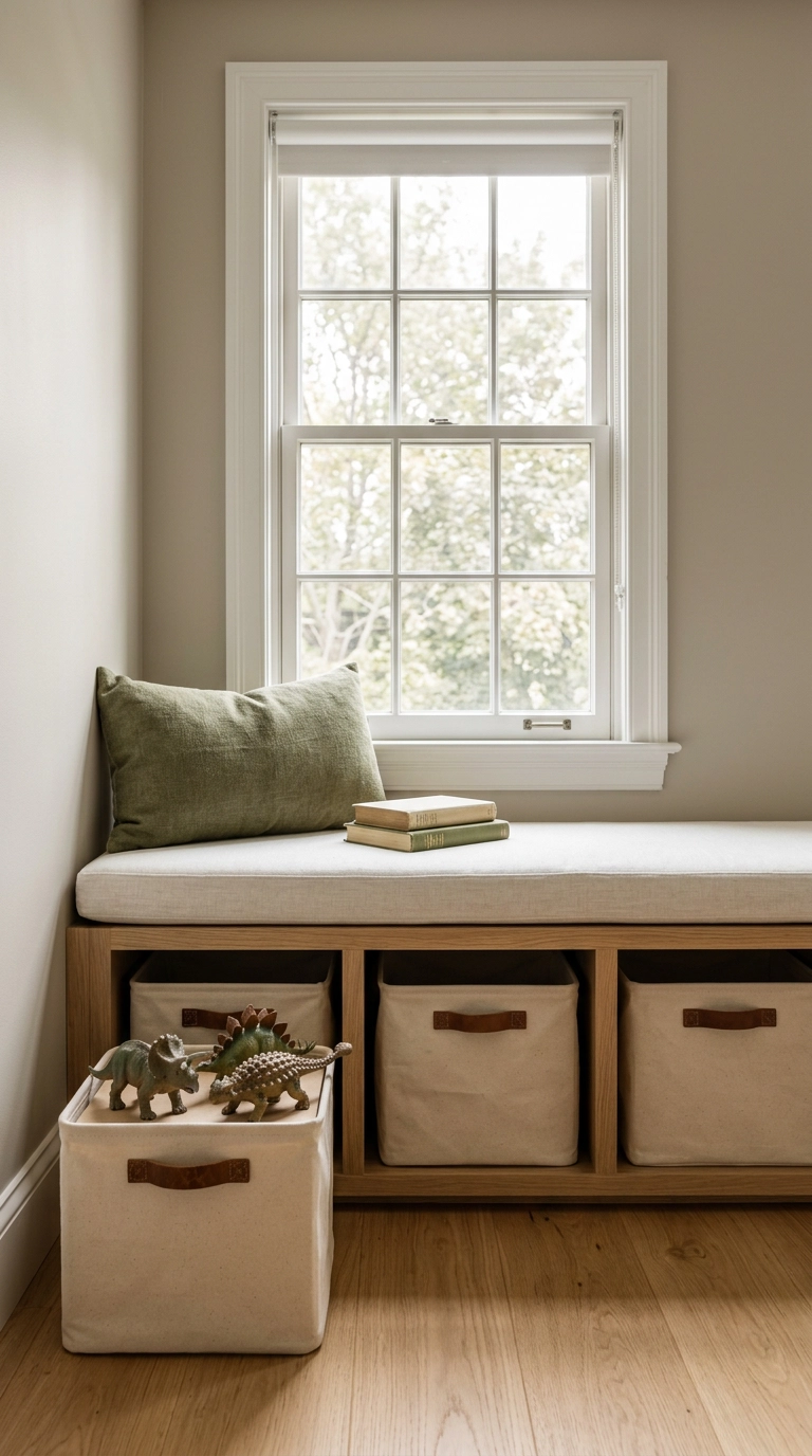 Oak window bench with canvas storage bins holding toy dinosaurs in a child's dinosaur bedroom