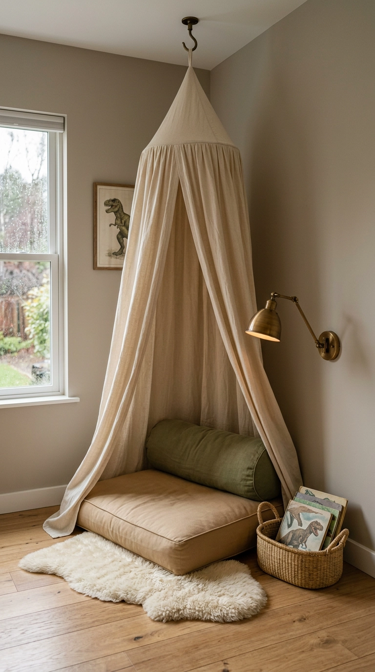 Canvas canopy reading nook with floor cushion and brass swing-arm lamp in a dinosaur bedroom