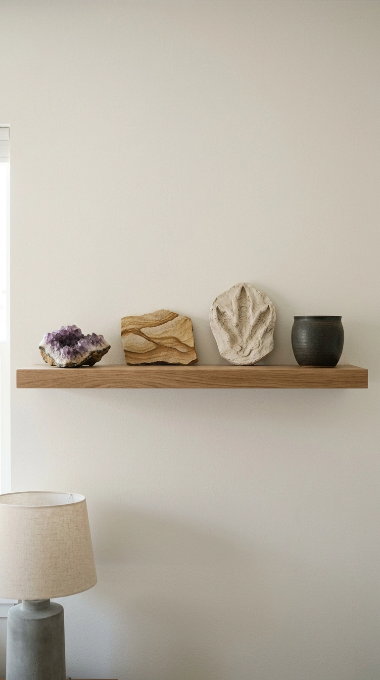 Oak floating shelf styled with rocks, minerals and a fossil cast in a dinosaur bedroom