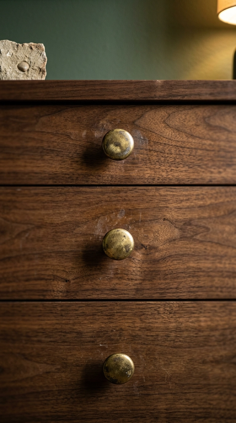 Aged brass knobs on a dark walnut dresser in a dinosaur bedroom, close-up detail