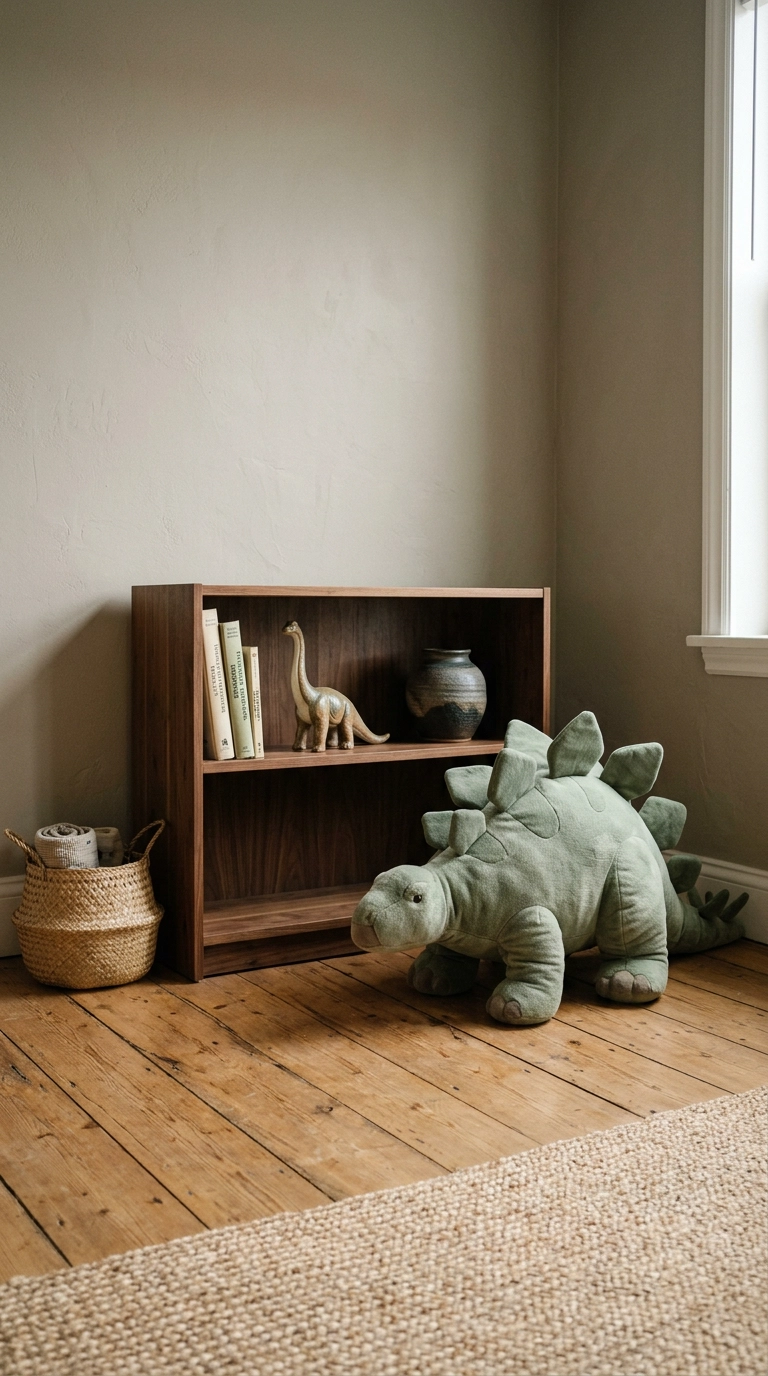 Large sage green plush stegosaurus sitting beside a low walnut bookshelf in a dinosaur bedroom