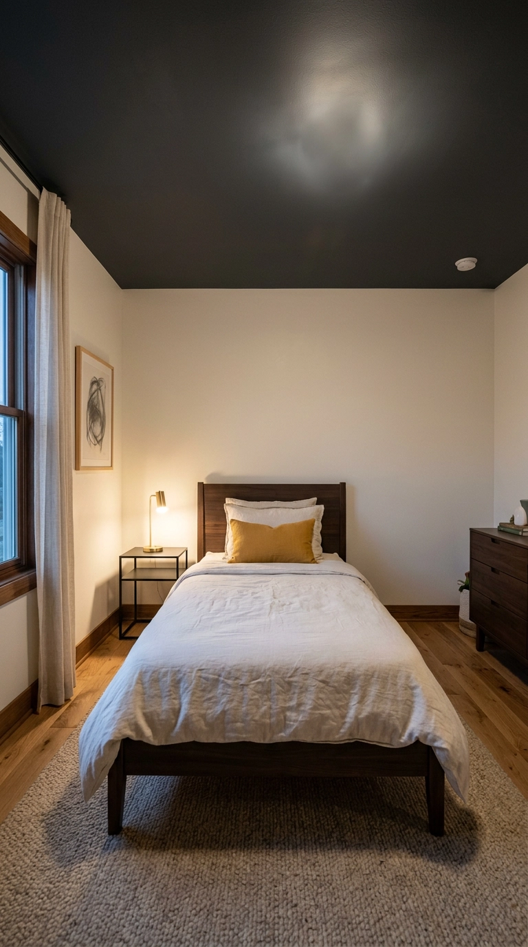 Dinosaur bedroom with a deep charcoal painted ceiling, bone white walls and a walnut twin bed
