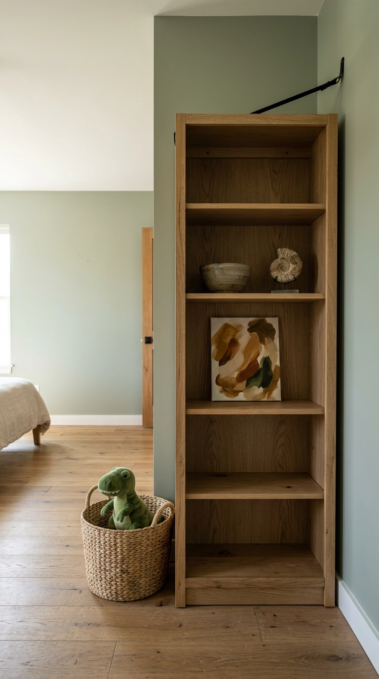 Tall oak bookcase anchored to a sage wall in a dinosaur bedroom with sparse shelf styling