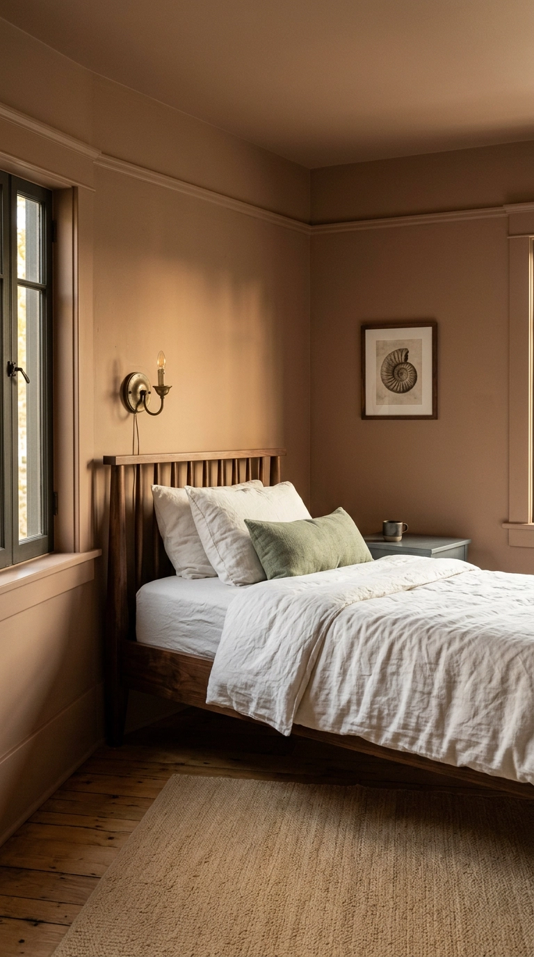 Clay-colored dinosaur bedroom in natural history museum style with a walnut bed, brass sconce and framed fossil print