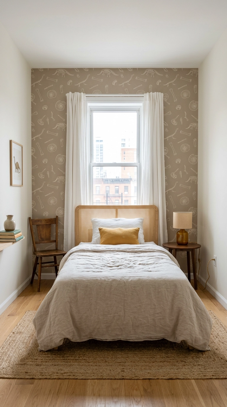 Renter friendly dinosaur bedroom with removable fossil-print peel and stick wallpaper behind a cane headboard