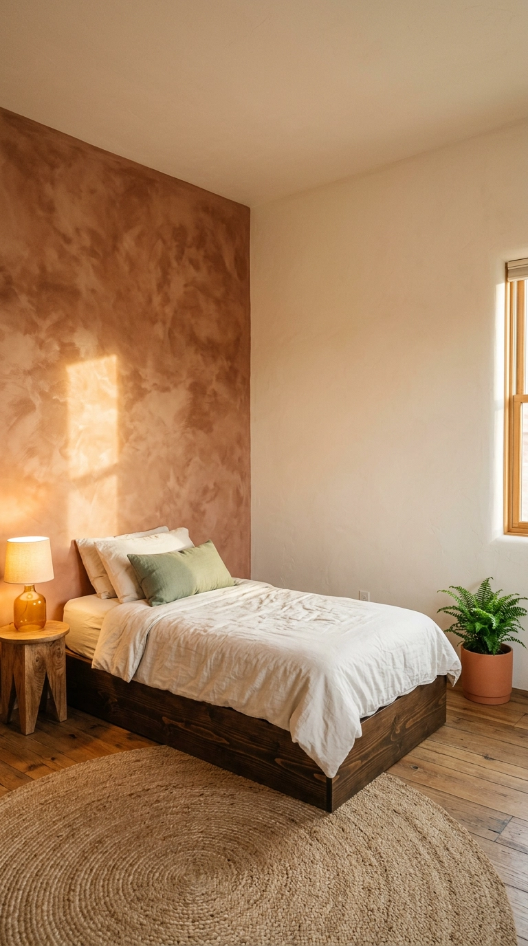 Terracotta limewash plaster accent wall in a dinosaur bedroom with a dark pine platform bed