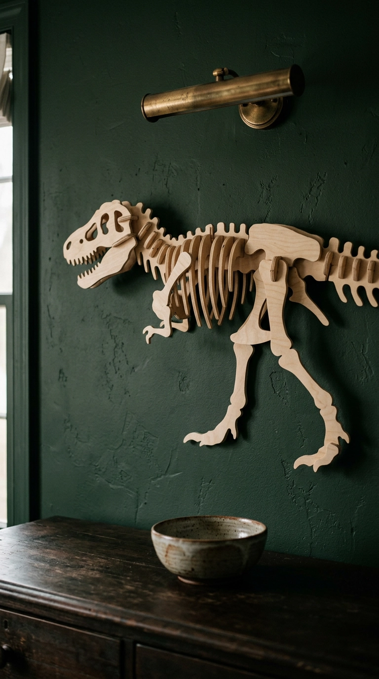 Birch plywood dinosaur skeleton model mounted on a dark green wall with a brass picture light